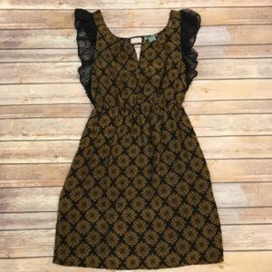 Maple Anthropologie Womens Silk Dress M Ruffle Cap Sleeve Lace Trim Gold Black